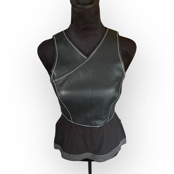 BCBGMAXAZRIA Women's Luella Black Faux Leather Peplum Top Size XXS - NWT - Picture 6 of 16